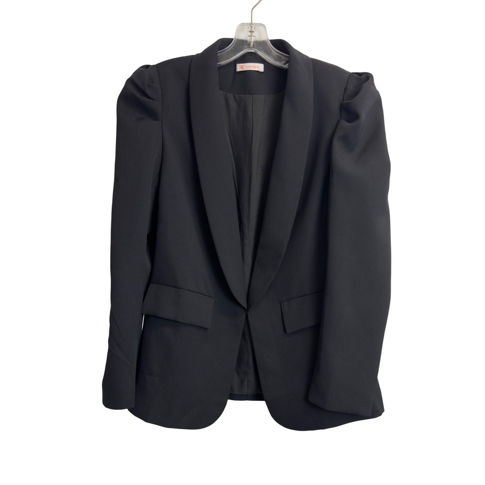 KIRUNDO Womens Black Shawl Collar Puff Shoulder Open Front Blazer Jacket Small